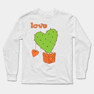 cartoon green cactus with orange heart and love Long Sleeve T-Shirt